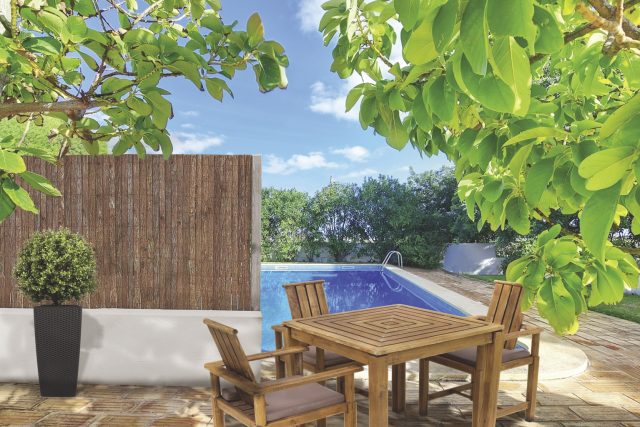 Outdoor swimming pool with blue water near the garden.